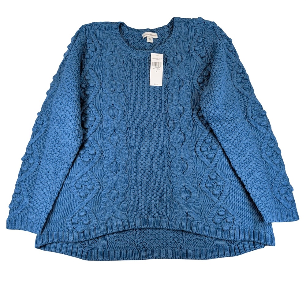 Coldwater Creek Arbor Blue Cable Knit Popcorn Sweater XL NWT Cotton Blend Chunky